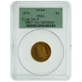 1879 Flowing Hair $4 Stella gold coin graded PR63 by PCGS in holder.