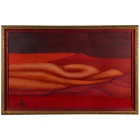 Surreal red-toned landscape featuring elongated reclining nude forms blending into rolling desert hills.