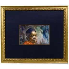 Watercolor portrait of a young boy in an orange garment, set against a soft blue abstract background and wide dark mat.