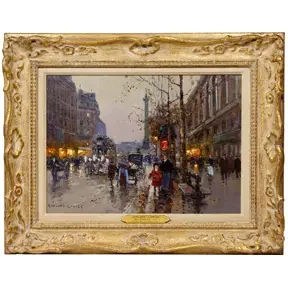 Impressionist Paris street scene at dusk with glowing shop lights reflecting on wet pavement in an ornate gold frame.