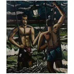 Expressionist-style painting of two shirtless fishermen standing in a boat, hauling in a net full of fish on choppy green water, with bold brushstrokes and angular forms.