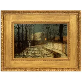 Moody nocturnal scene of a lamplit cobblestone path lined with bare trees and a distant house glowing at night.