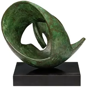 Abstract bronze sculpture with a smooth, looping curved form mounted on a black rectangular base.