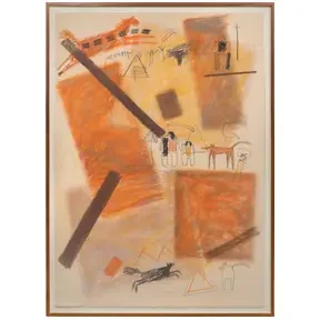 Abstract mixed-media composition in warm orange tones with geometric shapes, lines, and symbolic figures.