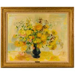 Soft pastel floral still life of a bouquet in a vase with pale yellow and pink blossoms in a gilded frame.