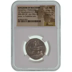 Ancient silver tetradrachm of Demetrius I Poliorcetes graded NGC Ch MS.