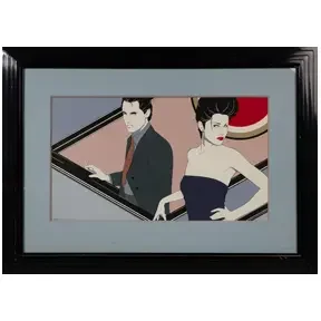 Stylized 1980s-inspired illustration of a fashionable man and woman with bold graphic lines and muted colors in a black frame.