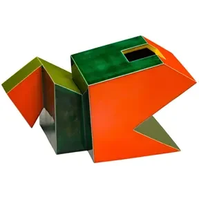 Abstract geometric metal sculpture with angular orange and green planes forming a dynamic, folded shape.