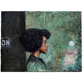 Contemporary portrait of a young woman in profile against a textured green background.