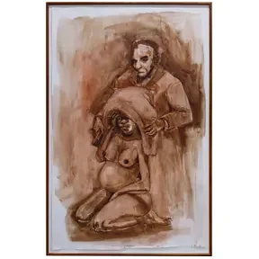 Sepia-toned figurative painting of a standing man and a kneeling nude woman in an expressive, gestural style.